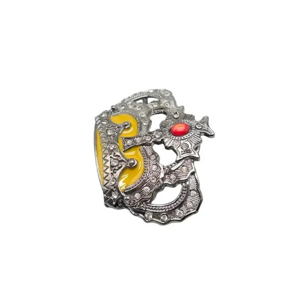 Clear Rhinestone Yellow Enamel Crown Belt Buckle Silver Tone Vintage - Picture 2 of 5